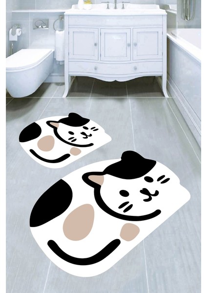 Lazer Kesim Kedi Desenli 2li Banyo Paspası (50X60 cm - 60X100 Cm)