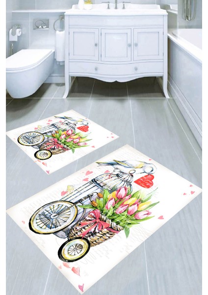 Bisiklet ve Lale Desenli 2li Banyo Paspası (50X60 cm - 60X100 Cm)