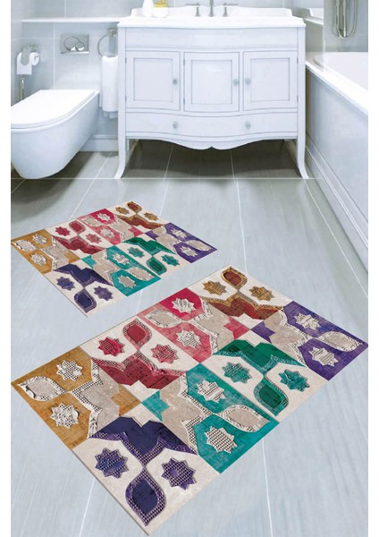 Motif Birleşimli 2li Banyo Paspası (50X60 cm - 60X100 Cm)