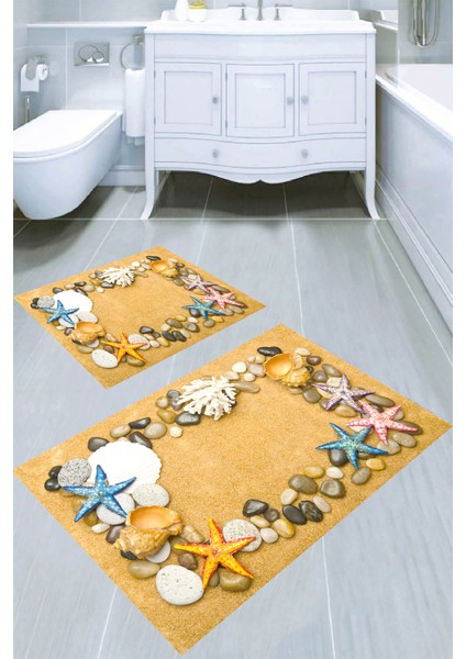 Çerçeve Deniz Kabukları Desenli 2li Banyo Paspası (50X60 cm - 60X100 Cm)