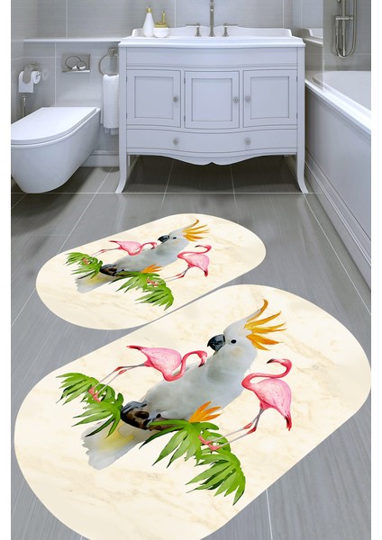 Papağan ve Flamingolar Desenli 2li Banyo Paspası (50X60 cm - 60X100 Cm)