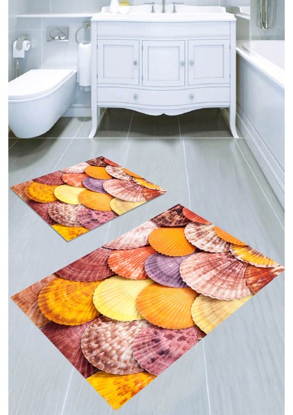 Canlı Deniz Kabukları Desenli 2li Banyo Paspası (50X60 cm - 60X100 Cm)