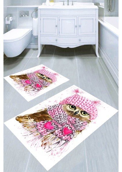 Atkılı Baykuş Desenli 2li Banyo Paspası (50X60 cm - 60X100 Cm)