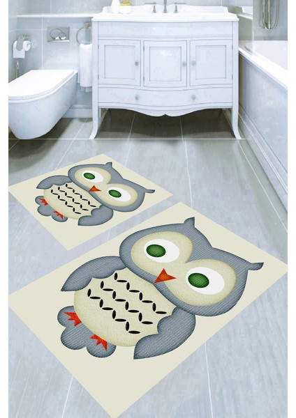 Örme Baykuş Desenli 2li Banyo Paspası (50X60 cm - 60X100 Cm)