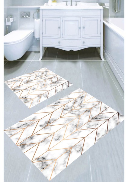 Altın Zikzak Detaylı Mermer Desen 2′li Banyo Paspası (50X60 cm - 60X100 Cm)