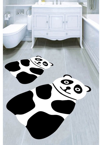 Lazer Kesim Panda Desenli 2li Banyo Paspası (50X60 cm - 60X100 Cm)