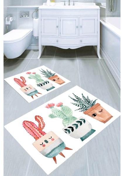 Renkli Kaktüs Desenli 2′li Banyo Paspası (50X60 cm - 60X100 Cm)