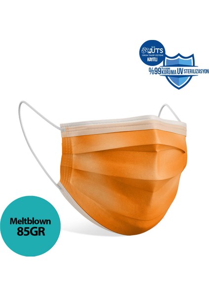 Full Ultrasonik Cerrahi Ağız Maskesi 3 Katlı Spunbond Kumaş 100 Adet - Burun Telli - Turuncu