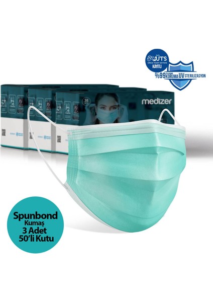Ultrasonik Cerrahi Ağız Maskesi 3 Katlı Spunbond Kumaş 150 Adet - Burun Telli - Yeşil