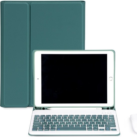 Turotto Apple iPad 8. Nesil 10.2 A2428 A2429 A2430 Seri Bluetooth Özellikli Klavyeli Kılıf Yeşil