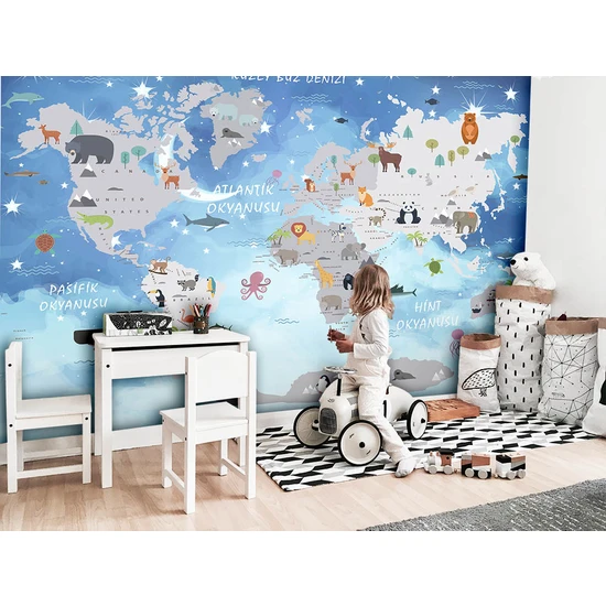 Özen Duvar Kağıdı Dünya Haritası Çocuk Odası Duvar Kağıdı