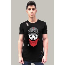 Rock&Roll Bandanalı Panda Siyah Kısa Kollu Yırtık Ripped T-Shirt