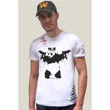 Rock&Roll Uzi Tabancalı Panda Beyaz Kısa Kollu Yırtık Ripped T-Shirt
