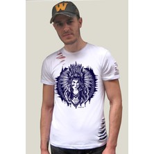 Rock&Roll Kızılderili Kız Beyaz Kısa Kollu Yırtık Ripped T-Shirt