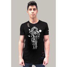 Rock&Roll Bisikletli Astronot Siyah Kısa Kollu Yırtık Ripped T-Shirt
