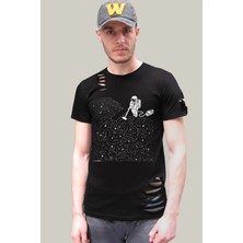 Rock&Roll Süpürgeli Astronot Siyah Kısa Kollu Yırtık Ripped T-Shirt