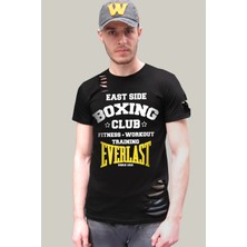 ROCKANDROLL Boks Kulübü Siyah Kısa Kollu Yırtık Ripped T-Shirt