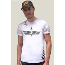 Rock&Roll Top Gun Beyaz Kısa Kollu Yırtık Ripped T-Shirt