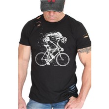 Rock&Roll Daha Hızlı Siyah Kısa Kollu Yırtık Ripped T-Shirt