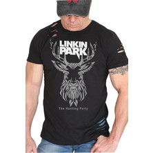 Rock&Roll Geometrik Geyik Siyah Kısa Kollu Yırtık Ripped T-Shirt