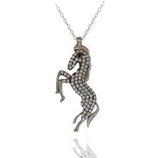 Beyaz Taşlı Şahlanan At Gümüş Kolye