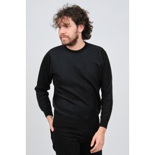 Çizgi Triko Erkek Bisiklet Yaka Desenli Kazak 42554224 Siyah