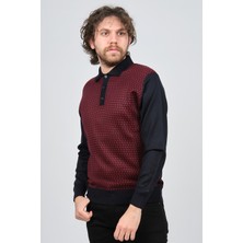 Pave Erkek Polo Yaka Desenli Yün Kazak 4537124 Bordo