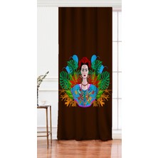Tek Kanat Kahverengi Zeminde Özel Tasarım Frida Kahlo Tasarımlı Dijital Baskılı Fon Perde