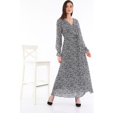Enora Moda Kadın Beli Kemerli Uzun Kollu Küçük Puantiye Desenli Elbise