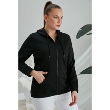 Rmg Fermuar Detaylı Büyük Beden Siyah Eşofman Üst