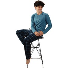 Malabadi Mavi Ekoseli  Düğmeli Yaka Kışlık  Erkek Pijama Takımı 6015