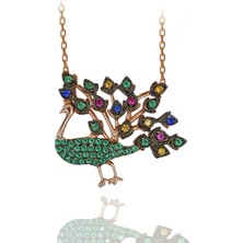 Renkli Taşlı Tavus Kuşu Gümüş Kolye