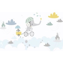 Eko Dekor Bisikletli Fil Çocuk Odası Duvar Kağıdı  Kanvas Tek Parca