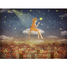 Eko Dekor Bulutlar Üzerindeki Kız ve Yıldızlar Çocuk Odası Duvar Kağıdı  Kanvas Tek Parca