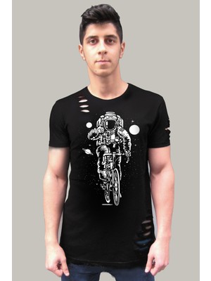 ROCKANDROLL Bisikletli Astronot Siyah Kısa Kollu Yırtık Ripped T-Shirt