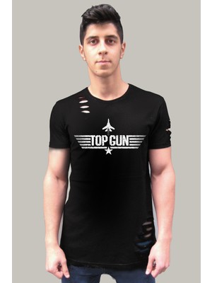 Rock&Roll Top Gun Siyah Kısa Kollu Yırtık Ripped T-Shirt