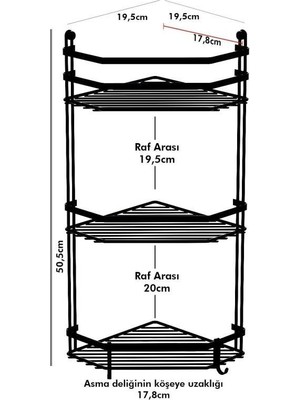 Geseus Üç Katlı Kancalı Banyo Köşe Rafı Mat Siyah ES076H