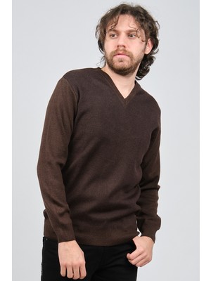 Ateş Triko Erkek V Yaka Desenli Yün Kazak 6091746 Kahverengi