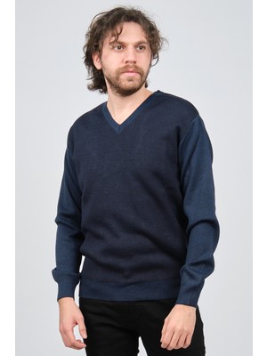 Ateş Triko Erkek V Yaka Desenli Yün Kazak 6091746 Indigo