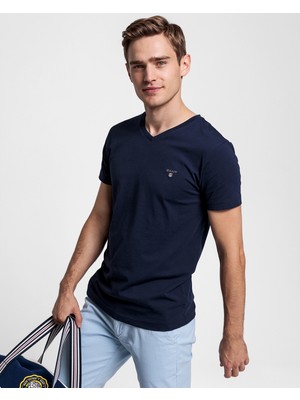 Gant Erkek Lacivert Slim Fit V Yaka T-Shirt 234104.433