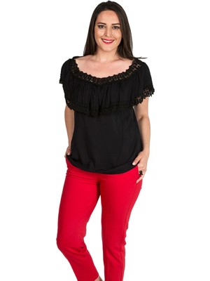Zer Otantik Fırfırlı Dantel Yaka Büyük Beden Bluz Siyah