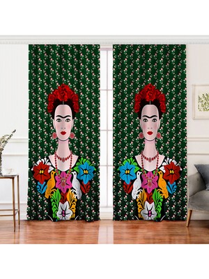 Çift Kanat Yeşil Zeminde Frida Kahlo Motifli Özel Tasarım Dijital Baskılı Fon Perde