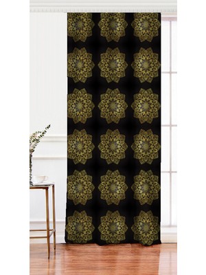 Tek Kanat Siyah Zeminde Gold Mandala Motifli Dijital Baskılı Fon Perde