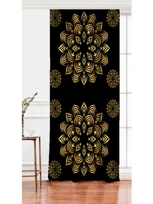 Tek Kanat Siyah Zeminde Gold Mandala Motifli Dijital Baskılı Fon Perde