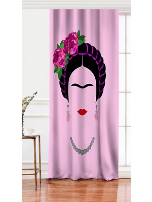 Tek Kanat Pembe Zeminde Kahlo Frida Baskılı Dijital Baskılı Fon Perde