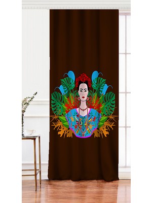 Tek Kanat Kahverengi Zeminde Özel Tasarım Frida Kahlo Tasarımlı Dijital Baskılı Fon Perde