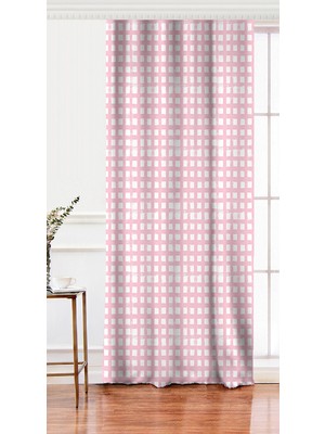 RealHomes Tek Kanat Pembe Zeminde Geometrik Kare Motifli Dijital Baskılı Fon Perde