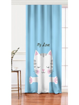 Tek Kanat Mavi Zeminde My Love Yazılı Sevimli Kedicik Desenli Dijital Baskılı Fon Perde