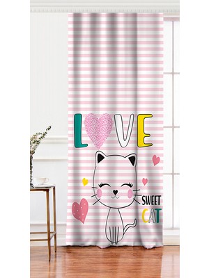 RealHomes Tek Kanat Pembe Çizgili Zeminde Sweet Cat Tasarımlı Dijital Baskılı Fon Perde