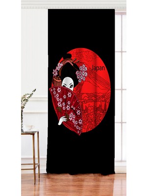 Tek Kanat Kırmızı Yelpazeli Şaman Japan Kadın Dijital Baskılı Fon Perde